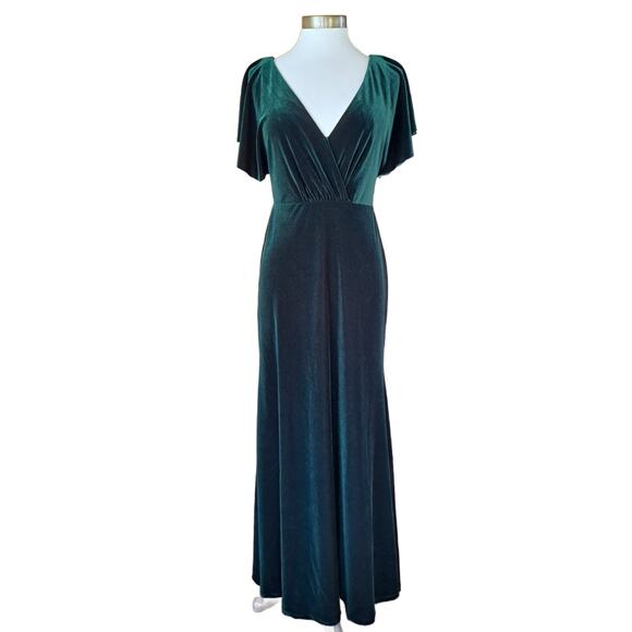 JENNY YOO BHLDN Ellis Flutter-Sleeve OpenBack Velvet Gown 6 Emerald Green Dress - Picture 2 of 14